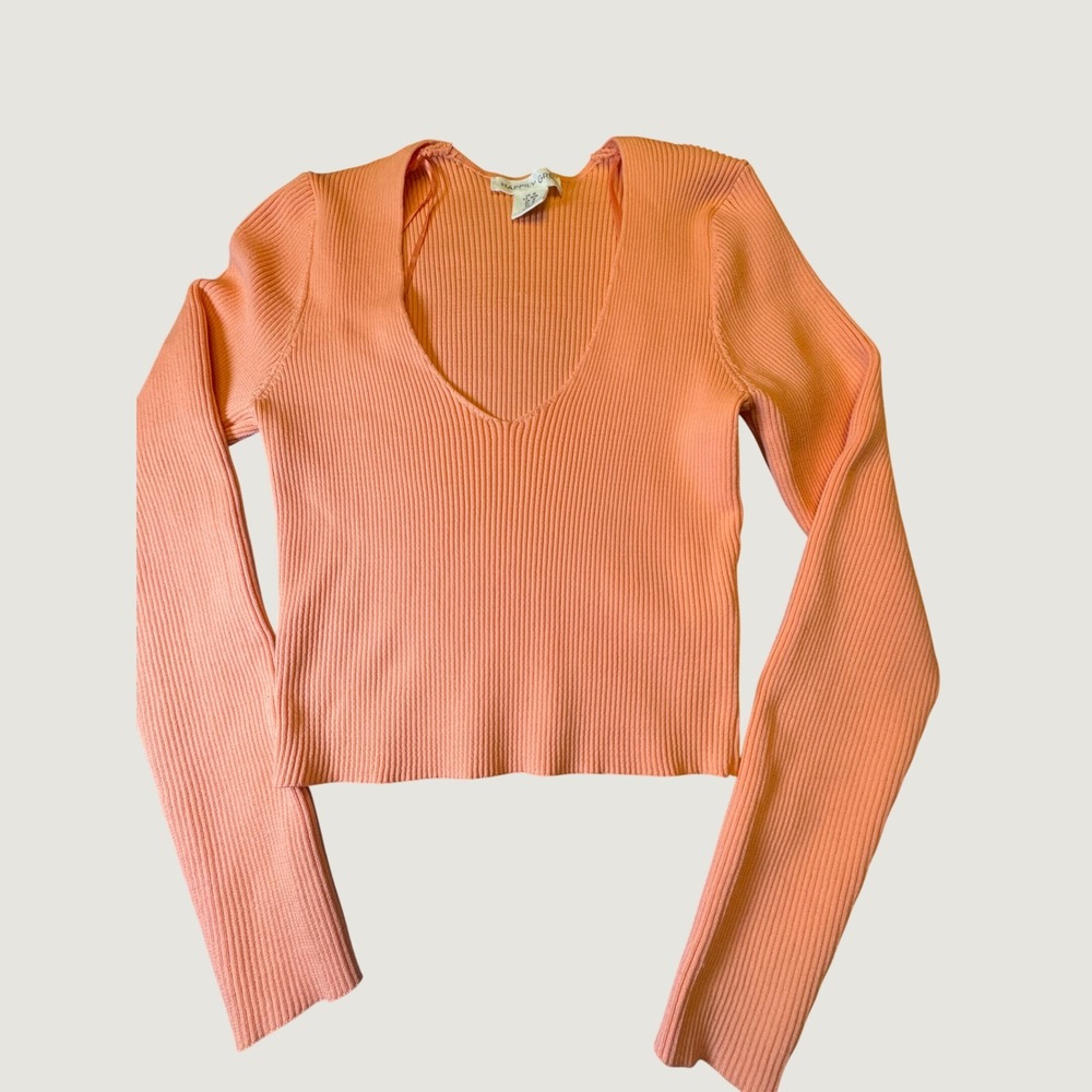 Happily Grey Womens Ribbed V-Neck Long Sleeve Knit Top Orange Coral Size M
